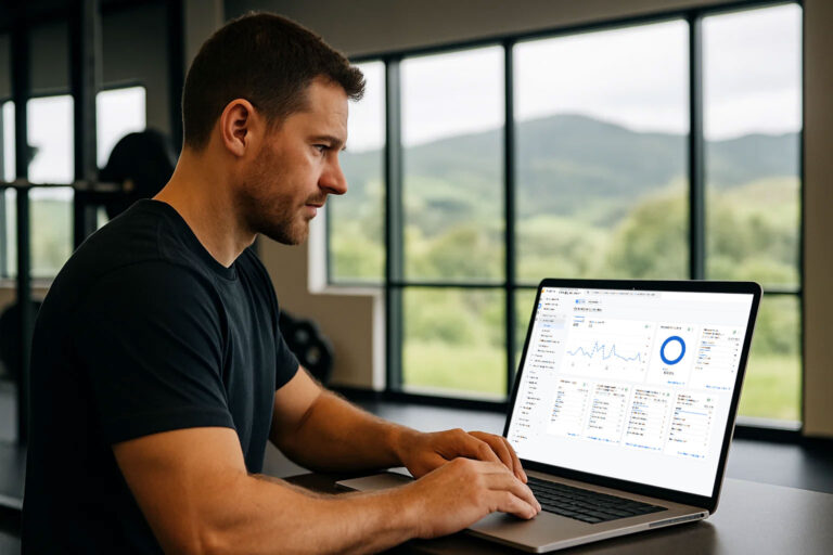 Gym owner checking their Google Ads campaign.